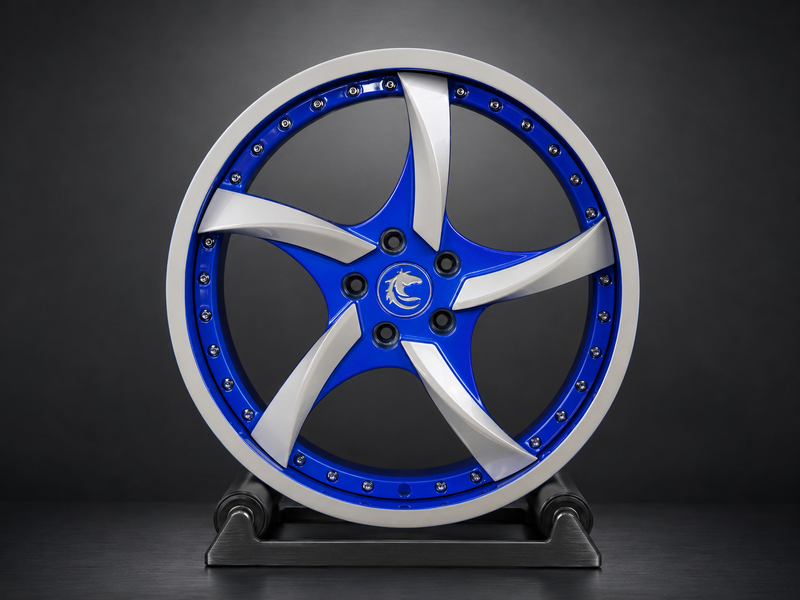 VP08 2024 Ford Mustang GT Premium Performance Pack Big Brakes 5-spoke directional Impact Blue and Silver 2-piece forged wheels by VASL Performance