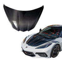 Carbon fiber front hood installed on Corvette C8 rendered vehicle view
