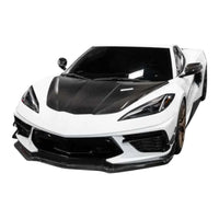 Carbon fiber front hood installed on Corvette C8 rendered vehicle view
