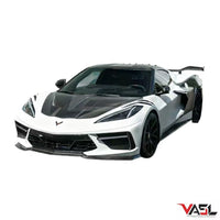 Chevrolet Corvette C8 equipped with VASL carbon fiber front hood, rendered on vehicle showing fitment and alignment in realistic setting