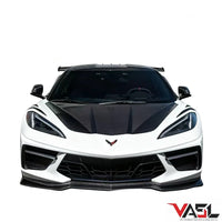 Chevrolet Corvette C8 equipped with VASL carbon fiber front hood, rendered on vehicle showing fitment and alignment in realistic setting