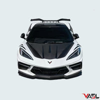 Chevrolet Corvette C8 equipped with VASL carbon fiber front hood, rendered on vehicle showing fitment and alignment in realistic setting