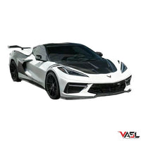 Chevrolet Corvette C8 equipped with VASL carbon fiber front hood, rendered on vehicle showing fitment and alignment in realistic setting