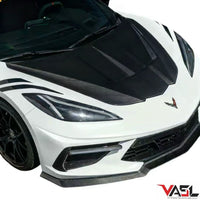 Chevrolet Corvette C8 equipped with VASL carbon fiber front hood, rendered on vehicle showing fitment and alignment in realistic setting