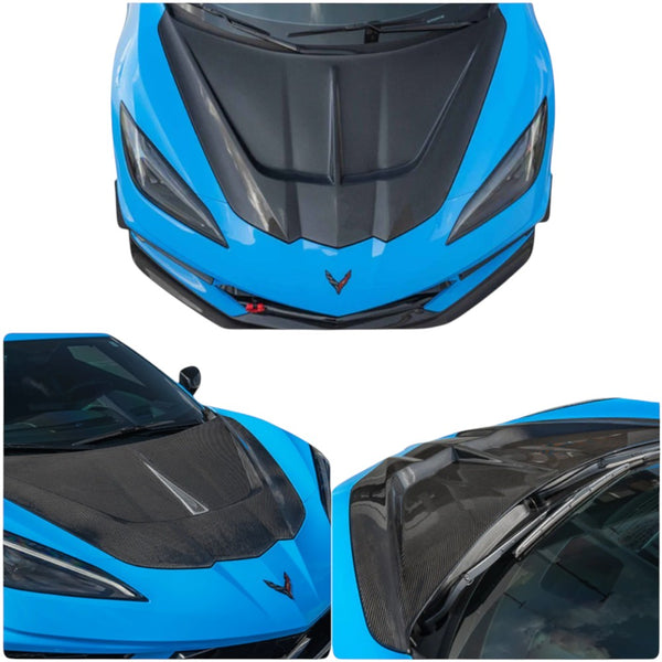 Close-up of VASL carbon fiber front hood on Chevrolet Corvette C8, highlighting weave pattern, surface texture, and craftsmanship