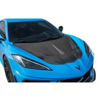 Chevrolet Corvette C8 equipped with VASL carbon fiber front hood, rendered on vehicle showing fitment and alignment in realistic setting