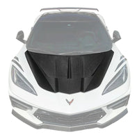 Close-up of VASL carbon fiber front hood on Chevrolet Corvette C8, highlighting weave pattern, surface texture, and craftsmanship