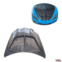 Close-up of VASL carbon fiber front hood on Chevrolet Corvette C8, highlighting weave pattern, surface texture, and craftsmanship