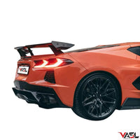 Corvette C8 Z51 with VASL carbon fiber high wing spoiler, low-angle rear view emphasizing aerodynamic stance and aggressive rear profile