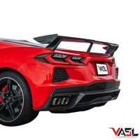 Corvette C8 Z51 with VASL carbon fiber high wing spoiler, low-angle rear view emphasizing aerodynamic stance and aggressive rear profile