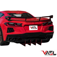 Close-up of VASL Carbon Fiber High Wing Spoiler showing weave, 3D structure, and aerodynamic contours for Corvette C8 Z51