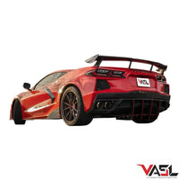 Close-up of VASL Carbon Fiber High Wing Spoiler showing weave, 3D structure, and aerodynamic contours for Corvette C8 Z51