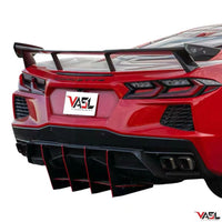 Close-up of VASL Carbon Fiber High Wing Spoiler showing weave, 3D structure, and aerodynamic contours for Corvette C8 Z51