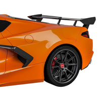 Close-up of VASL Carbon Fiber High Wing Spoiler showing weave, 3D structure, and aerodynamic contours for Corvette C8 Z51