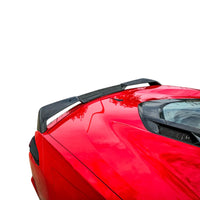 Detailed view of the 5-piece carbon fiber rear spoiler on Corvette C8 Z51, showing aerodynamic design and mounting points
