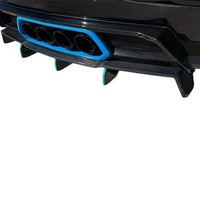 Close-up render of VASL carbon fiber rear diffuser on Corvette C8 Z06, showing texture, weave, and fitment on the rear bumper