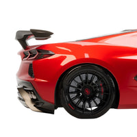 Rear of Chevrolet Corvette C8 Z06 with VASL carbon fiber high track rear spoiler, highlighting fitment with diffuser and body lines
