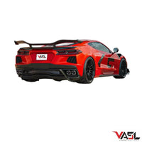 Rear three-quarter view of Corvette C8 Z06 with VASL carbon fiber high track spoiler, emphasizing aerodynamic profile and sporty stance