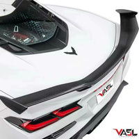 Rear of Chevrolet Corvette C8 Z06 with VASL carbon fiber high track rear spoiler, highlighting fitment with diffuser and body lines