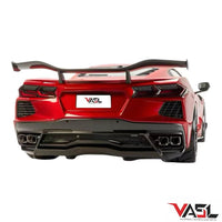 Rear of Chevrolet Corvette C8 Z06 with VASL carbon fiber high track rear spoiler, highlighting fitment with diffuser and body lines
