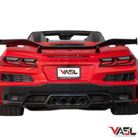 Rear of Chevrolet Corvette C8 Z06 with VASL carbon fiber high track rear spoiler, highlighting fitment with diffuser and body lines