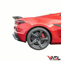 Corvette C8 Z06 equipped with VASL carbon fiber rear spoiler, emphasizing aerodynamic shape and premium weave texture