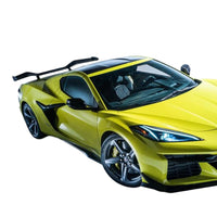 Yellow Corvette C8 E-Ray with Z07-style carbon fiber high wing spoiler installed