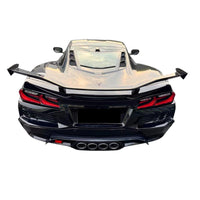 Rear view of black Corvette C8 Z06 with VASL carbon fiber high wing spoiler installed