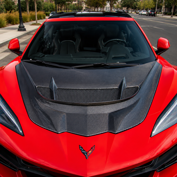 Corvette C8 Z06 with VASL ZR1-style carbon fiber hood installed