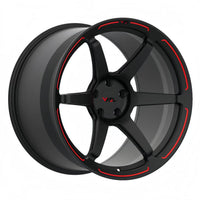 Gloss black and red rims- VASL VP01 6-spoke custom forged wheels for Corvette C8 – rear angle view