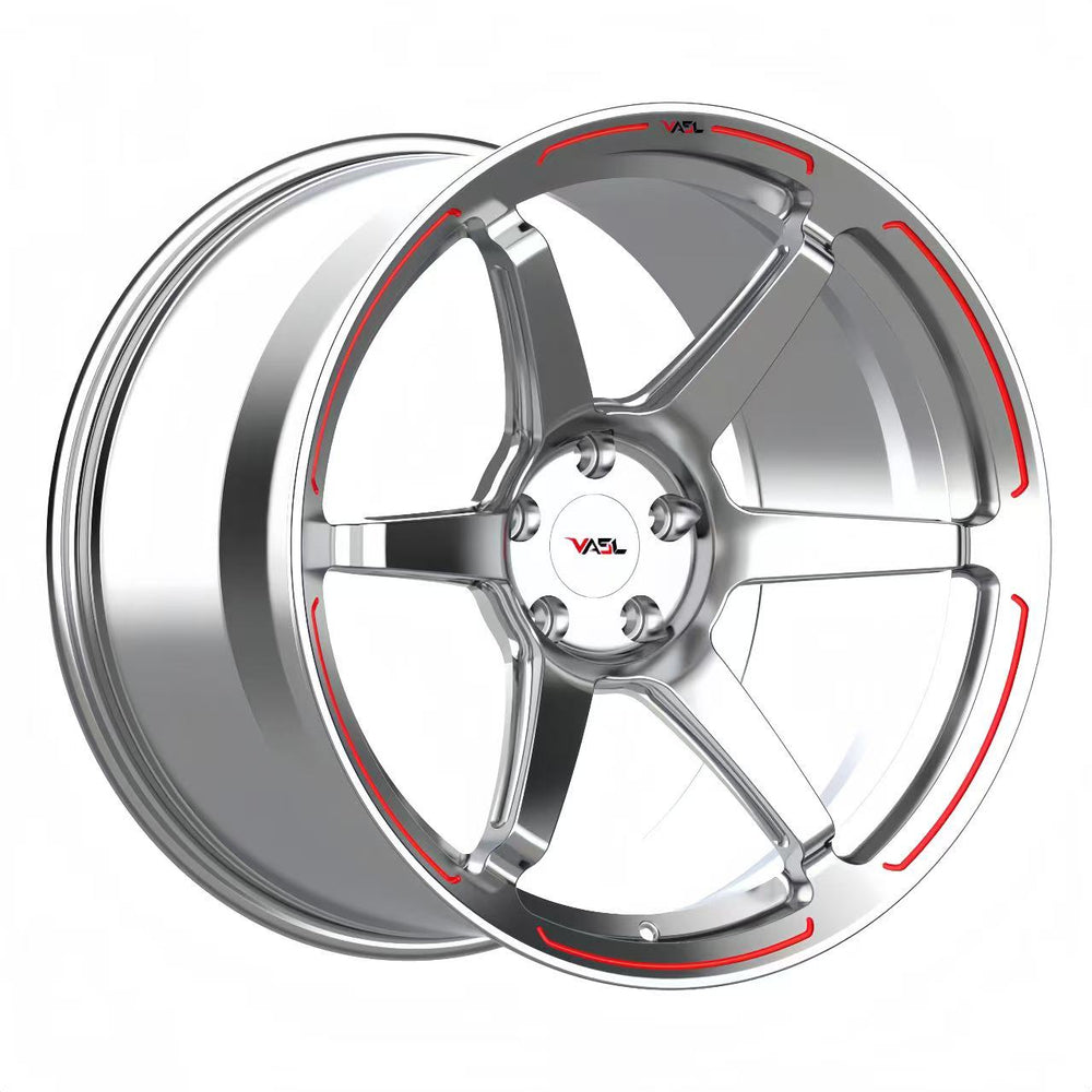 VASL Performance VP01 6-spoke forged concave wheels for Corvette C8 – side profile-polished aluminum with red trim rims