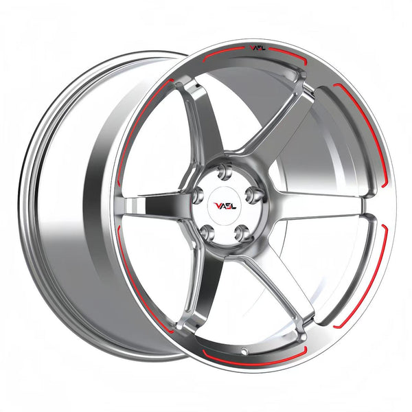 VASL Performance VP01 6-spoke forged concave wheels for Corvette C8 – side profile-polished aluminum with red trim rims