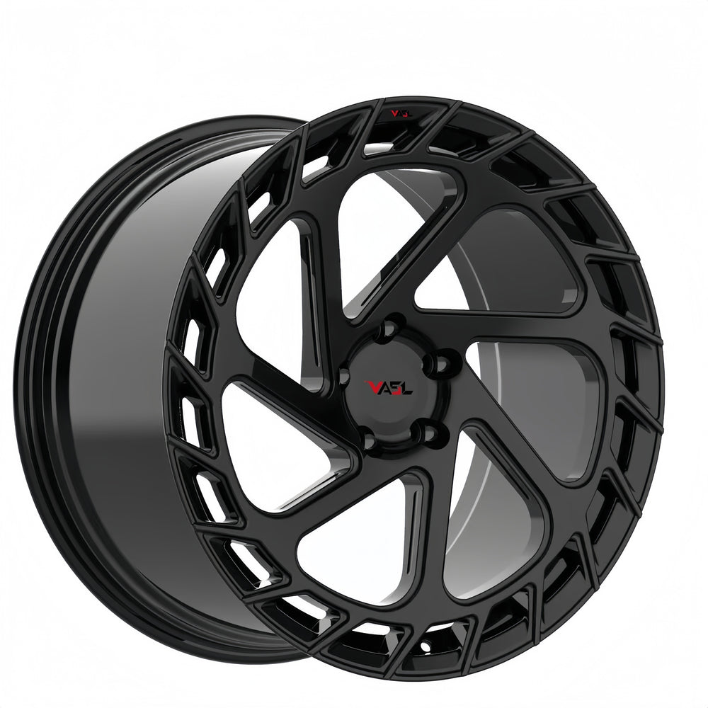 Gloss black VASL VP02 directional forged concave wheels for Corvette C8 – rear angle showcase