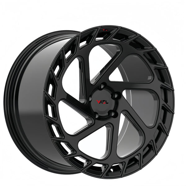 Gloss black VASL VP02 directional forged concave wheels for Corvette C8 – rear angle showcase