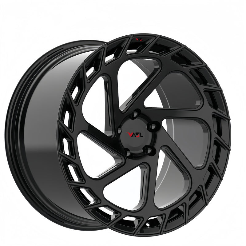 Gloss black VASL VP02 directional forged concave wheels for Corvette C8 – rear angle showcase