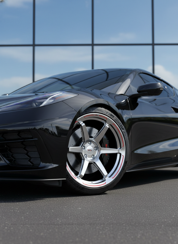 Close-up of VASL VP02 forged concave wheel on a Chevrolet Corvette C8, highlighting the concave design, finish, and precise fitment