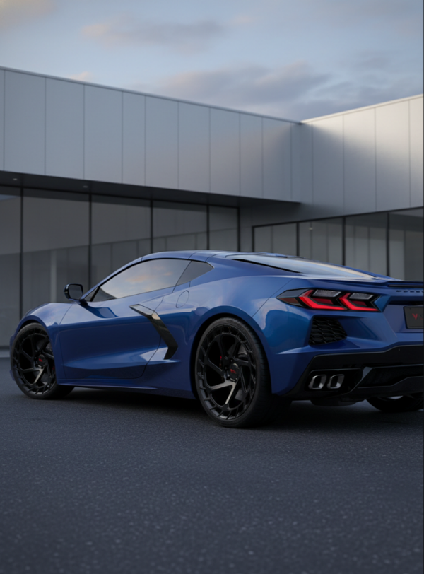 Close-up of VASL VP02 forged concave wheel on a Chevrolet Corvette C8, highlighting the concave design, finish, and precise fitment