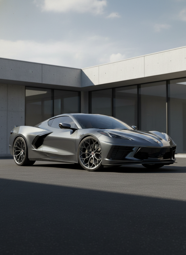 Close-up of VP03 Concave C8 forged wheel on Chevrolet Corvette C8, highlighting concave design, finish, and fitment