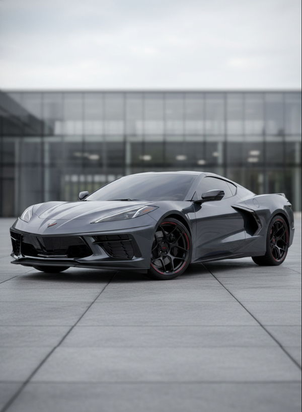 Close-up of VASL VP04 Y-Spoke Concave forged wheel on Chevrolet Corvette C8, highlighting the concave Y-spoke design and chrome finish