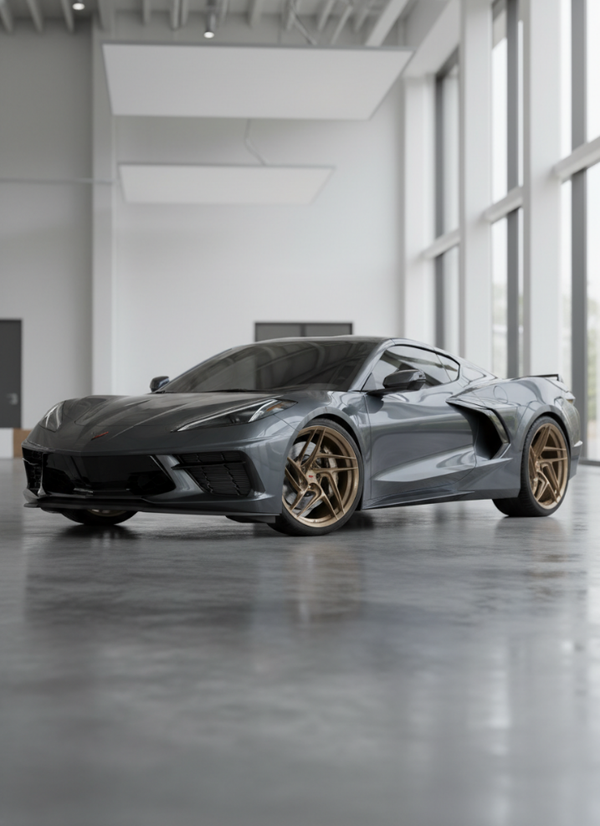 Close-up of VP05 forged monoblock custom wheels on a Chevrolet Corvette C8, highlighting wheel spokes, finish, and fitment