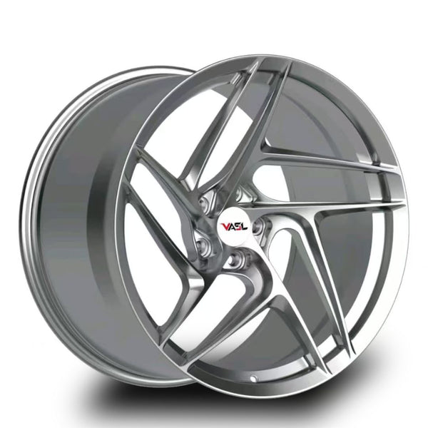 Render of VP05 forged monoblock wheels for Corvette C8, showing detailed wheel geometry and chrome finish, photorealistic 4K visualization