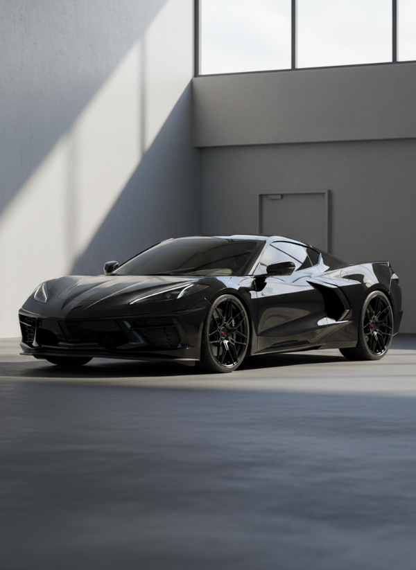Close-up of VASL VP07 Forged Monoblock C8 forged wheels on a Chevrolet Corvette C8, highlighting lightweight monoblock design and chrome finish