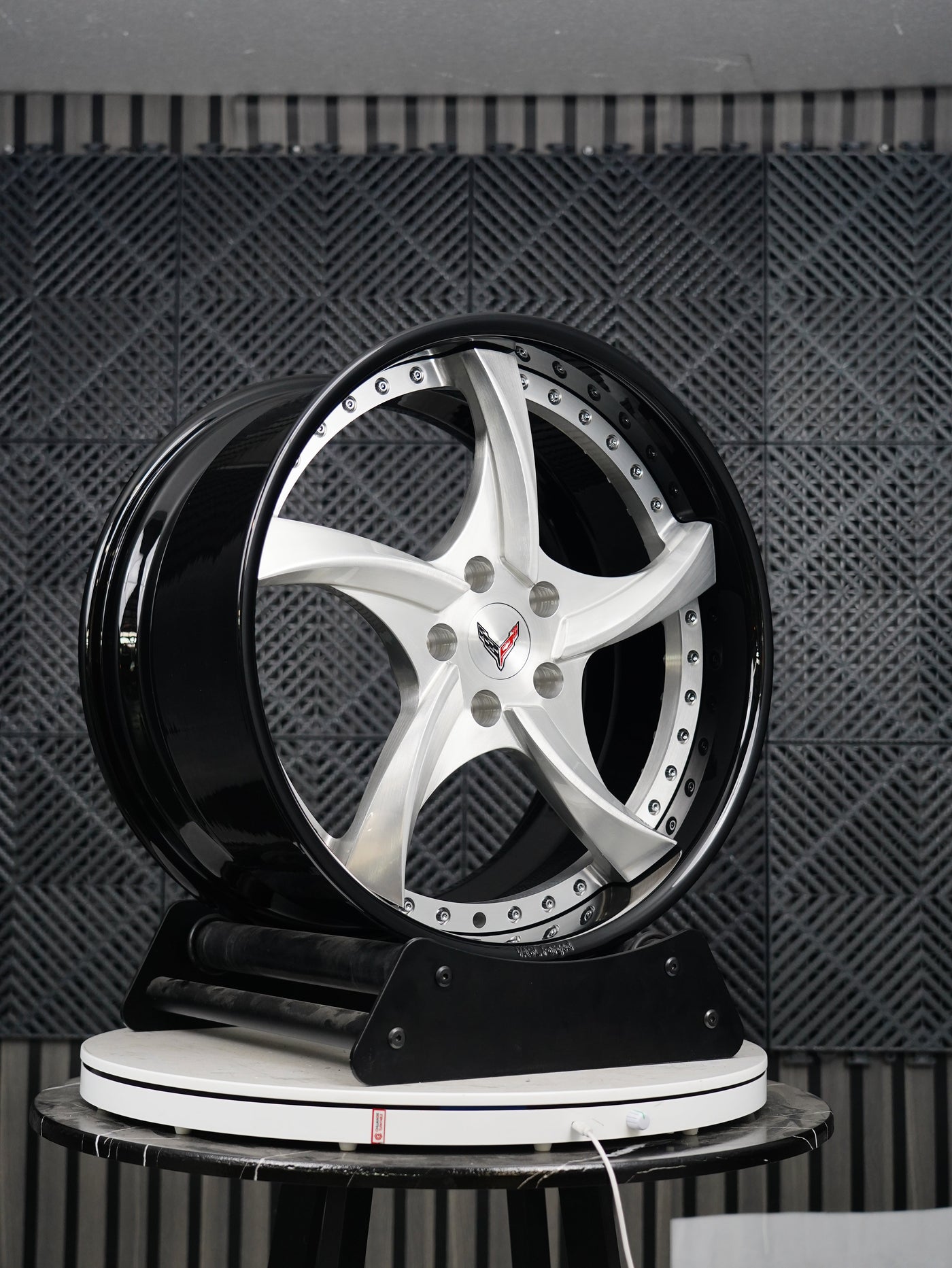 VP08 2024 Corvette C8 Stingray Z51 2-piece forged 5-spoke deep lip wheel side angle in brushed aluminum and gloss black by VASL Performance