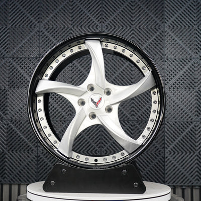 VP08 2024 Corvette C8 Stingray Z51 5-spoke deep lip forged wheel front view brushed aluminum spokes gloss black lip and barrel by VASL Performance