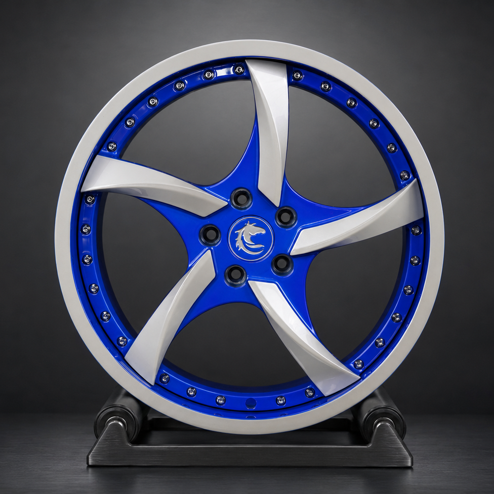 VP08 2024 Ford Mustang GT Premium Performance Pack Big Brakes 5-spoke directional Impact Blue and Silver 2-piece forged wheels 20x10 and 20x11 setup by VASL Performance