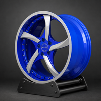 VP08 2024 Ford Mustang GT Premium Performance Pack Big Brakes custom 5-spoke directional forged rims in Impact Blue and Silver side angle by VASL Performance