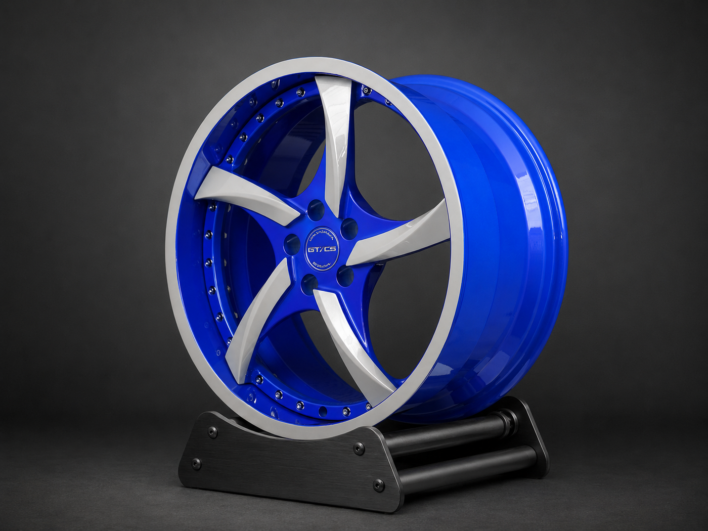 VP08 2024 Ford Mustang GT Premium Performance Pack Big Brakes custom 5-spoke directional forged rims in Impact Blue and Silver side angle by VASL Performance