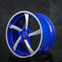 VP08 2024 Ford Mustang GT Premium Performance Pack Big Brakes 5-spoke directional Impact Blue Silver 2-piece forged wheel front quarter detail by VASL Performance