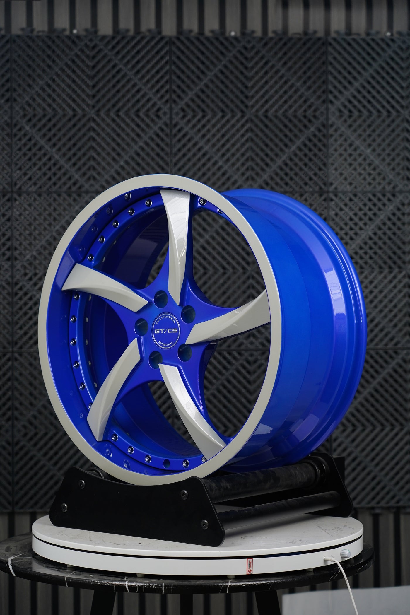 VP08 2024 Ford Mustang GT Premium Performance Pack Big Brakes 5-spoke directional Impact Blue Silver 2-piece forged wheel front quarter detail by VASL Performance