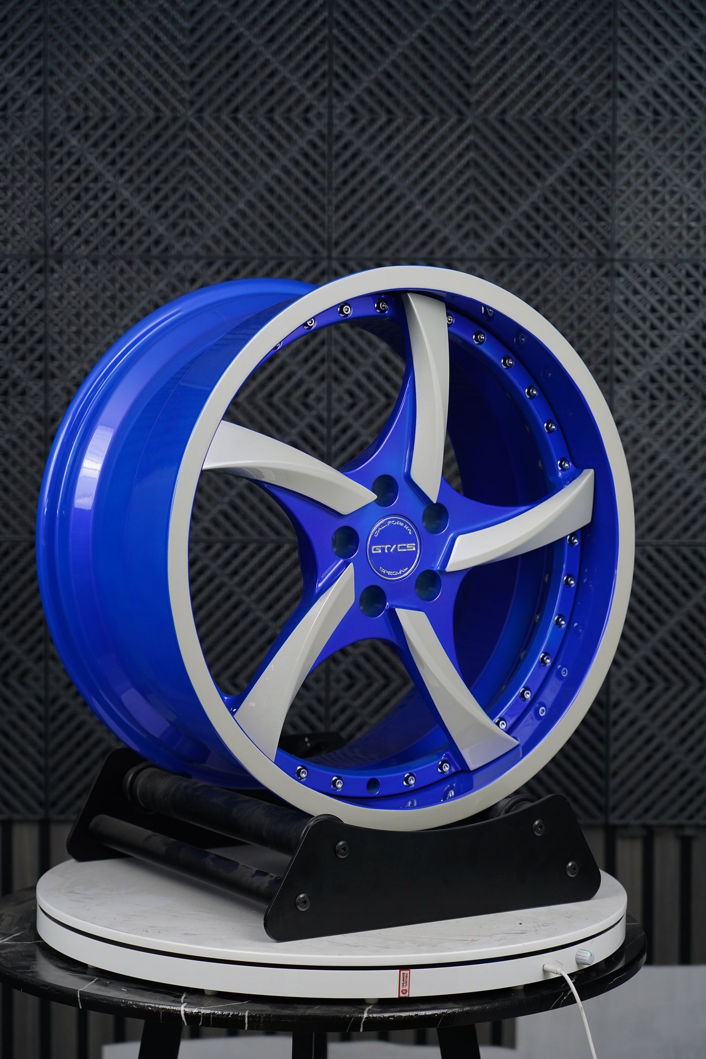 VP08 2024 Ford Mustang GT Premium Performance Pack Big Brakes custom aftermarket 5-spoke directional rims with blue barrel silver trim and chrome hardware by VASL Performance